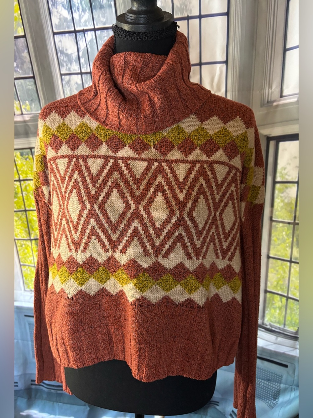 SO Rust and Cream Geometric Turtleneck Sweater with Chartreuse Accents